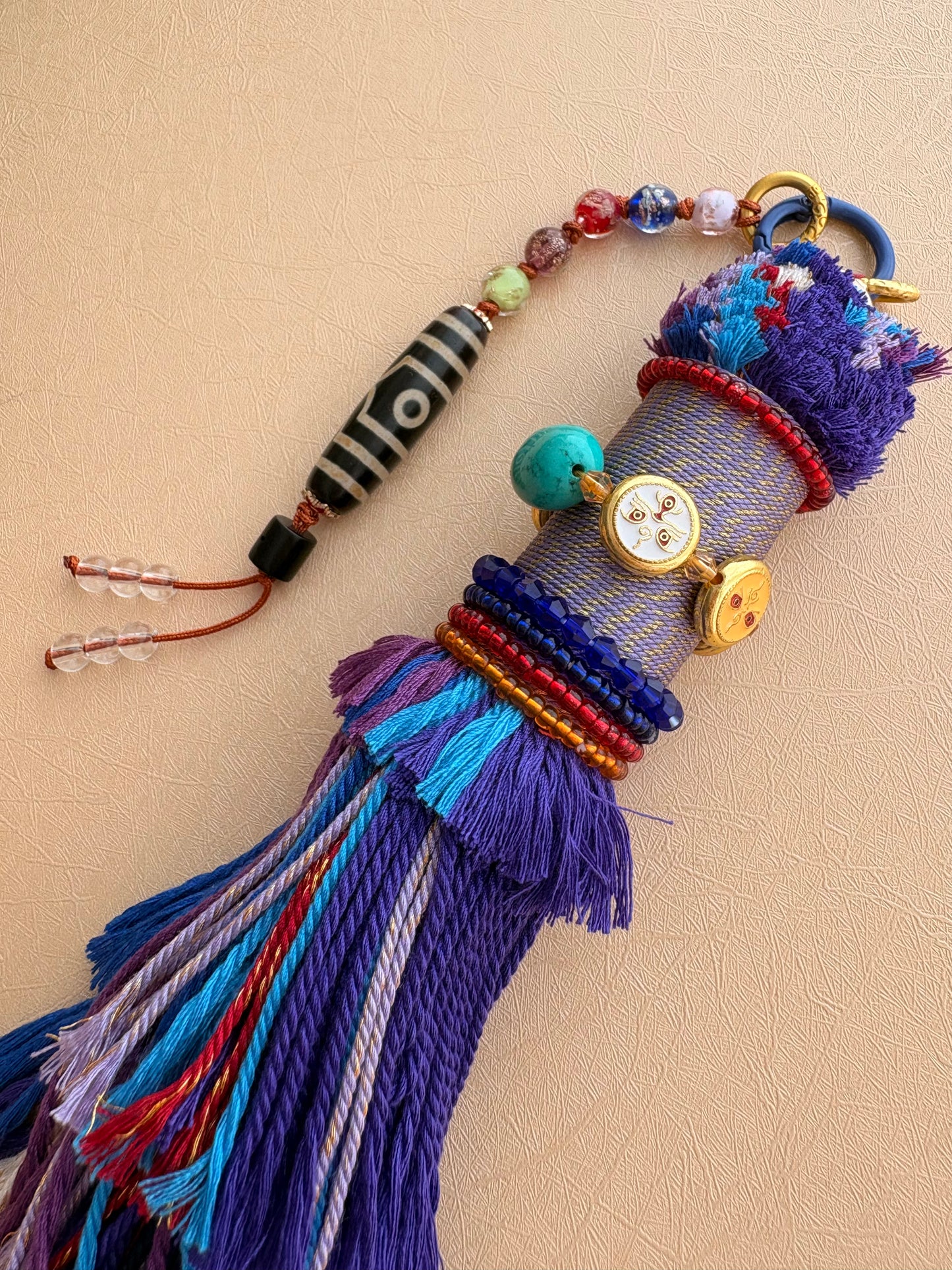 Victory Banner Charm with Three-Eyed Dzi Bead Tassel in Tibetan Purple