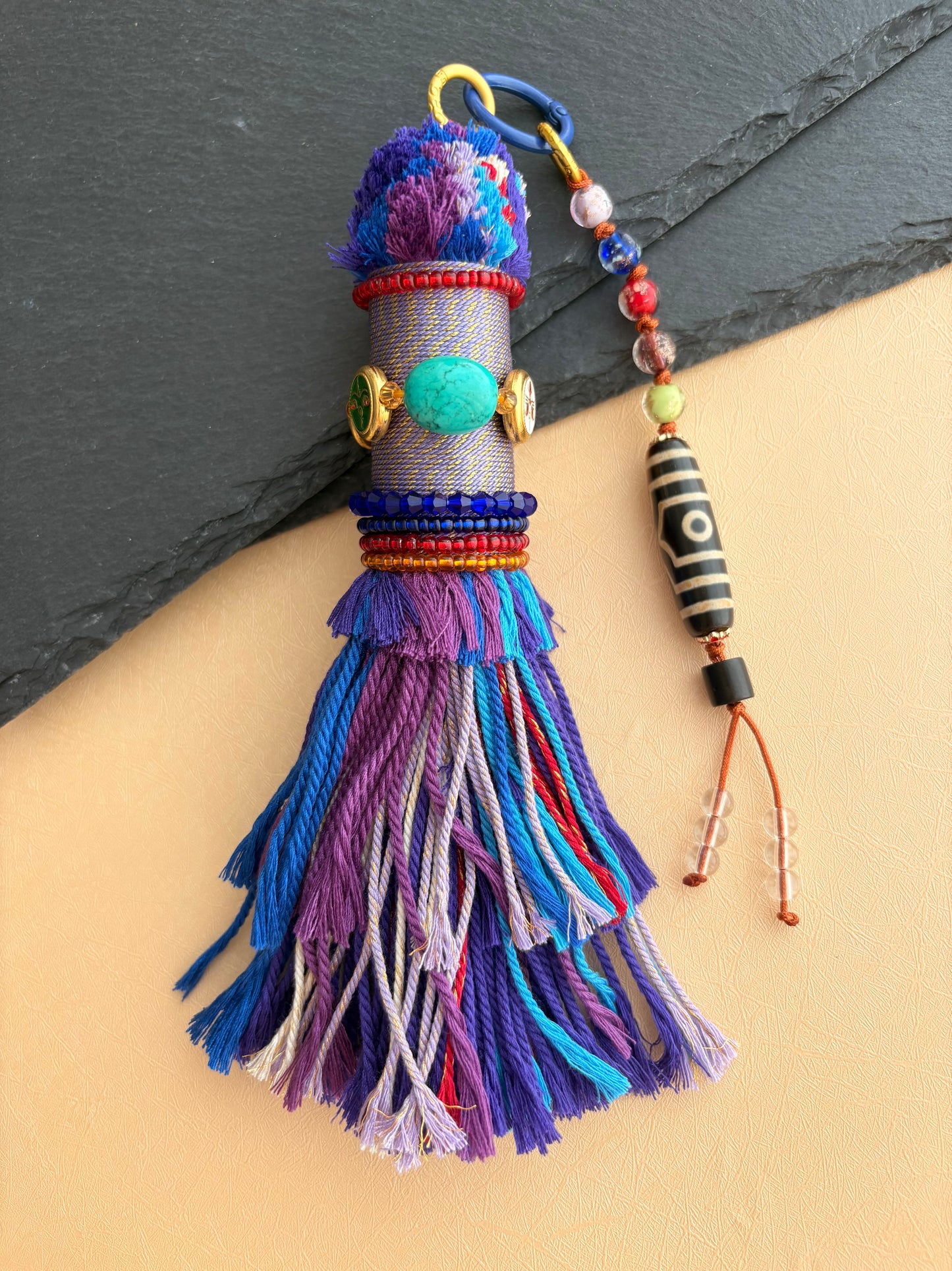 Victory Banner Charm with Three-Eyed Dzi Bead Tassel in Tibetan Purple