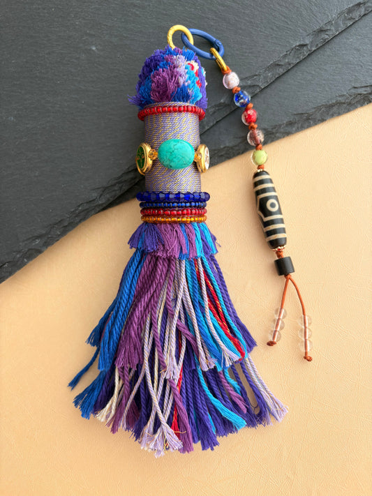 Victory Banner Charm with Three-Eyed Dzi Bead Tassel in Tibetan Purple