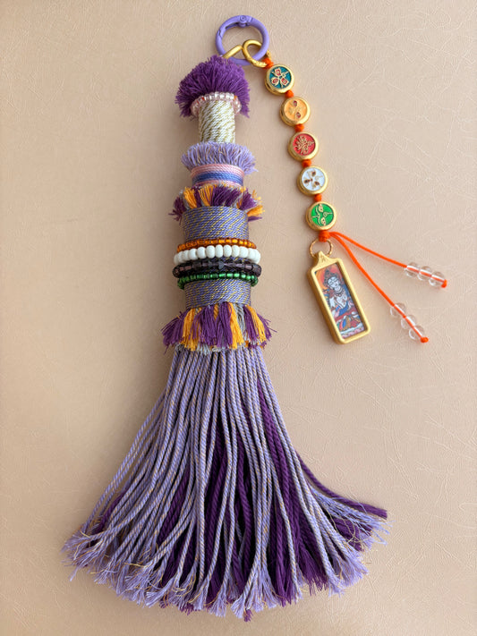 Victory Banner Charm with White Tara Thangka Tassel in Tibetan Purple