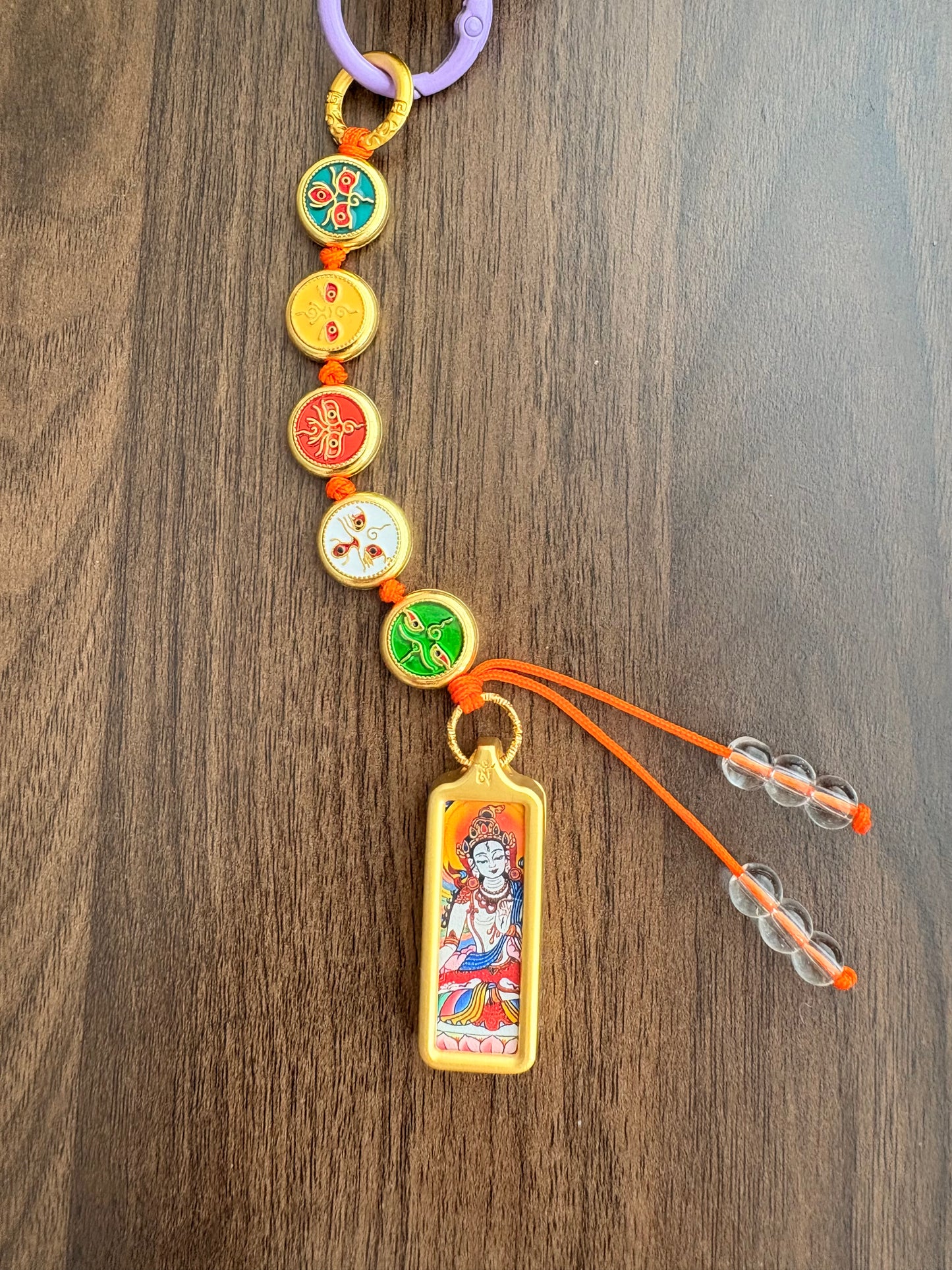 Victory Banner Charm with White Tara Thangka Tassel in Tibetan Purple