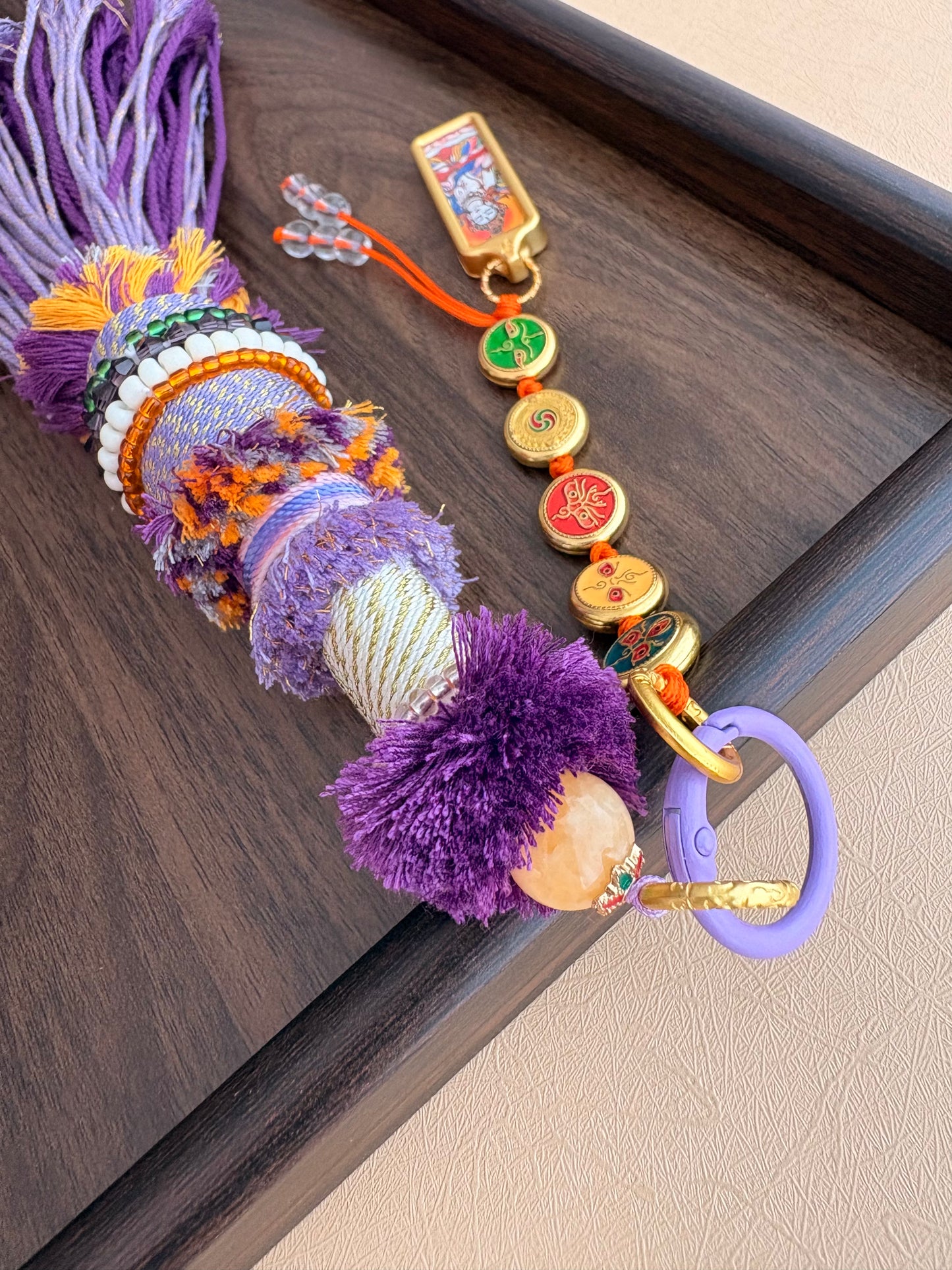 Victory Banner Charm with White Tara Thangka Tassel in Tibetan Purple