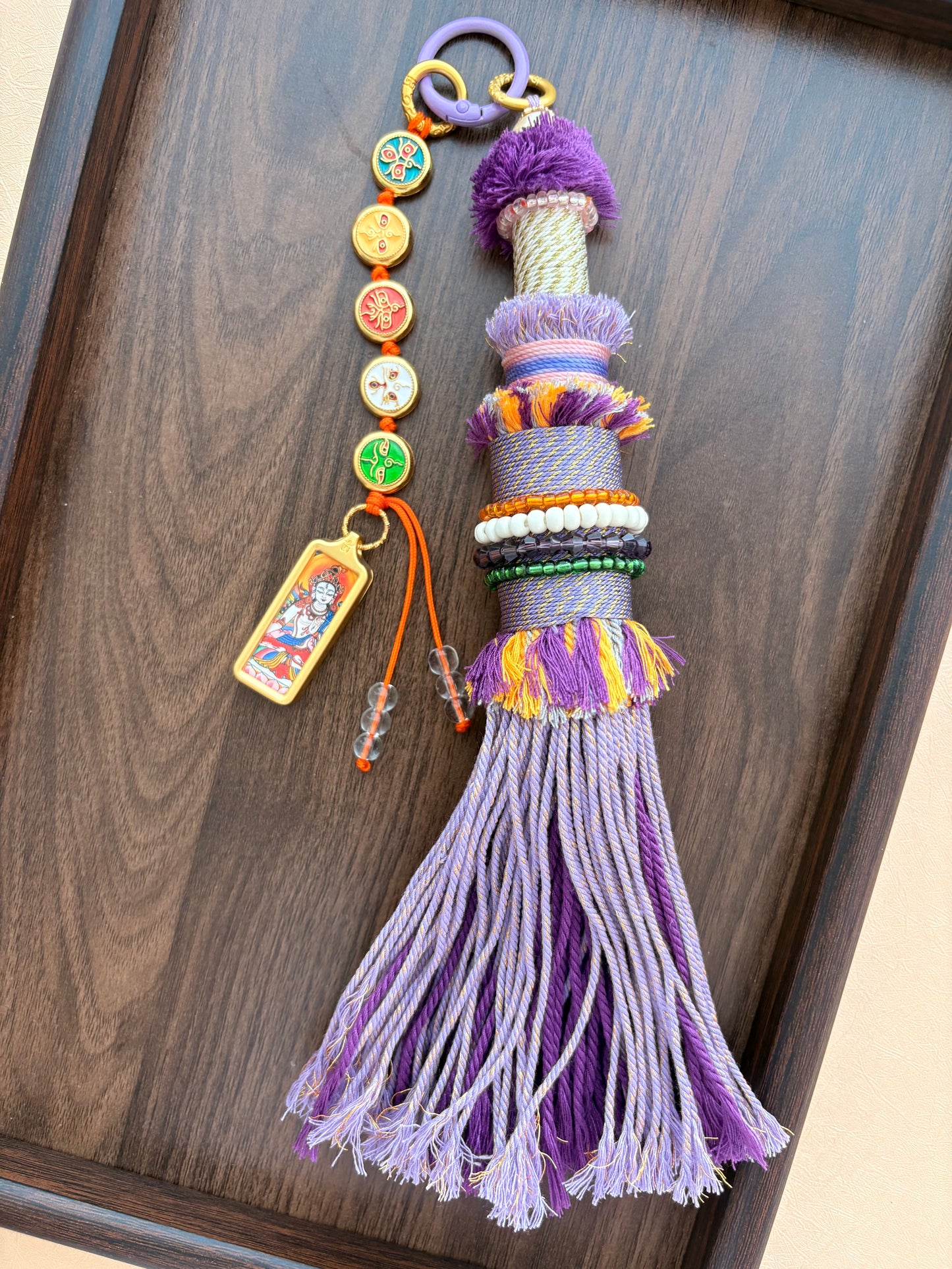 Victory Banner Charm with White Tara Thangka Tassel in Tibetan Purple