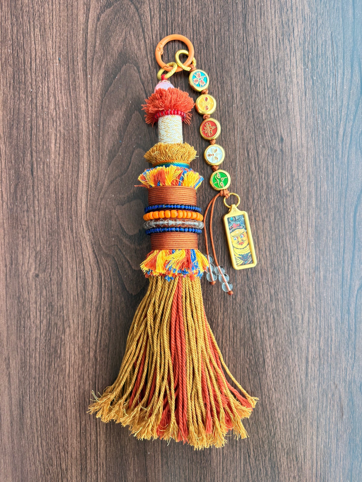 Victory Banner Charm with Yellow Jambhala Thangka Tassel in Tibetan Yellow