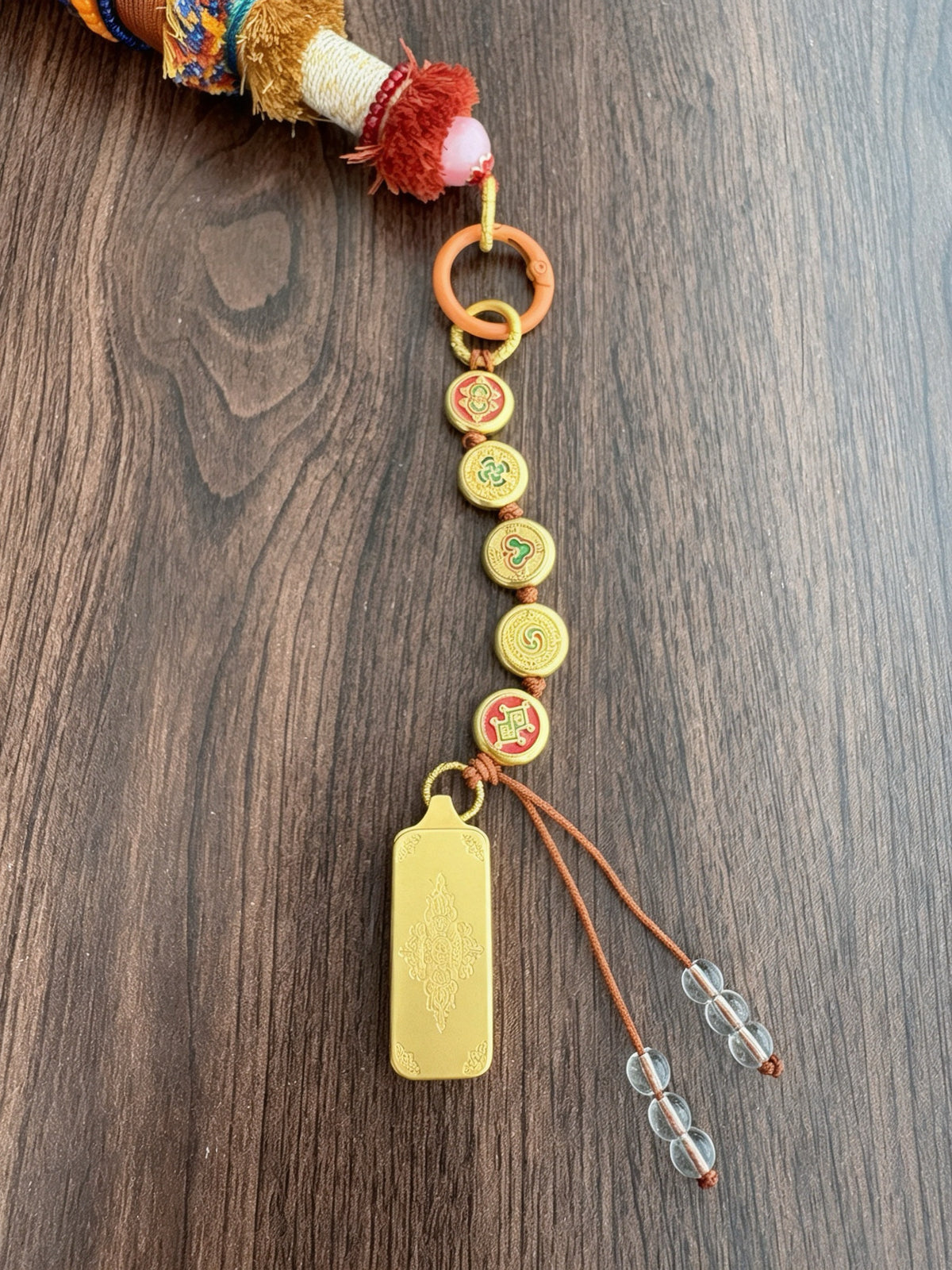 Victory Banner Charm with Yellow Jambhala Thangka Tassel in Tibetan Yellow