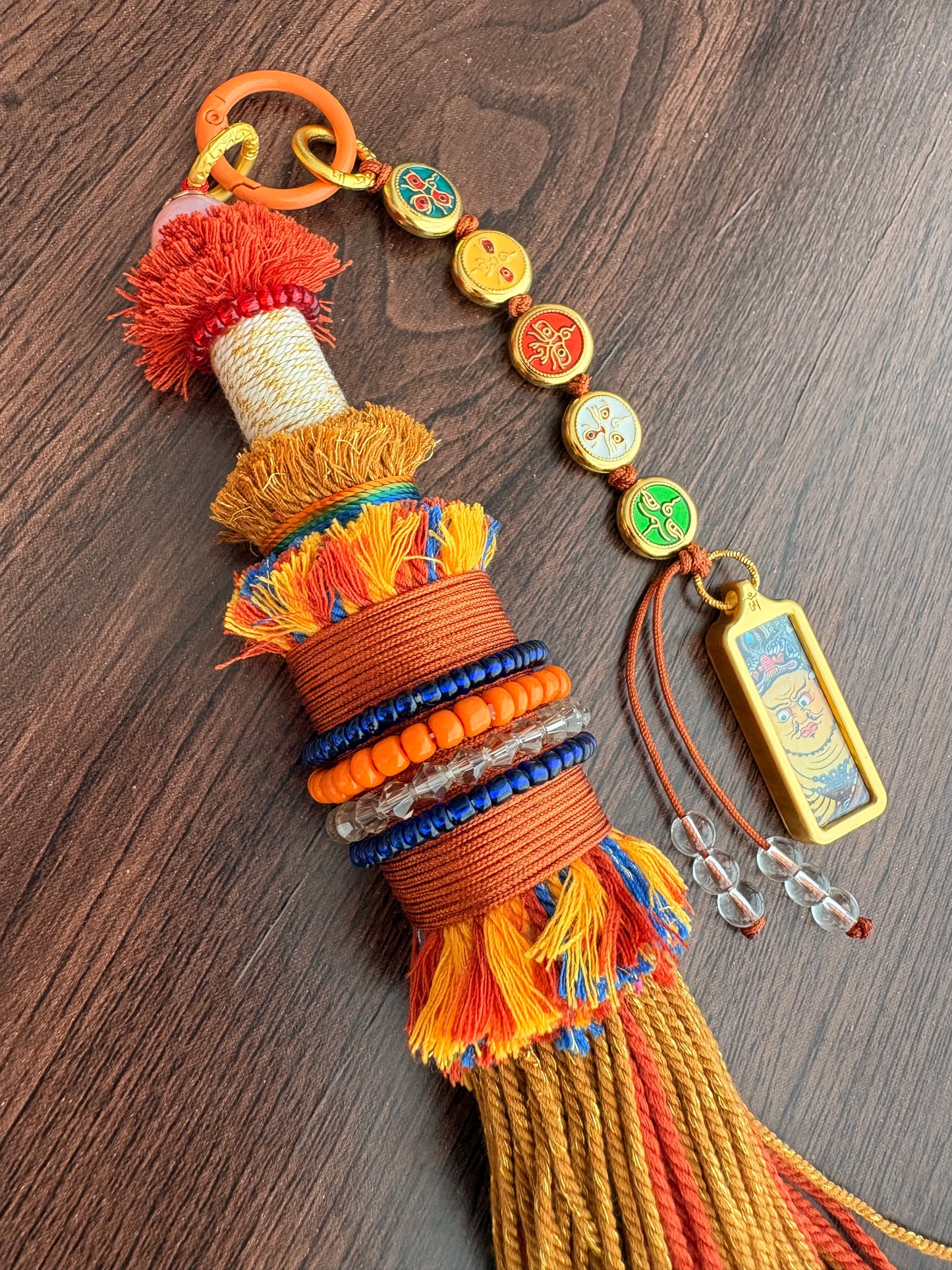 Victory Banner Charm with Yellow Jambhala Thangka Tassel in Tibetan Yellow