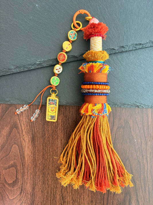 Victory Banner Charm with Yellow Jambhala Thangka Tassel in Tibetan Yellow