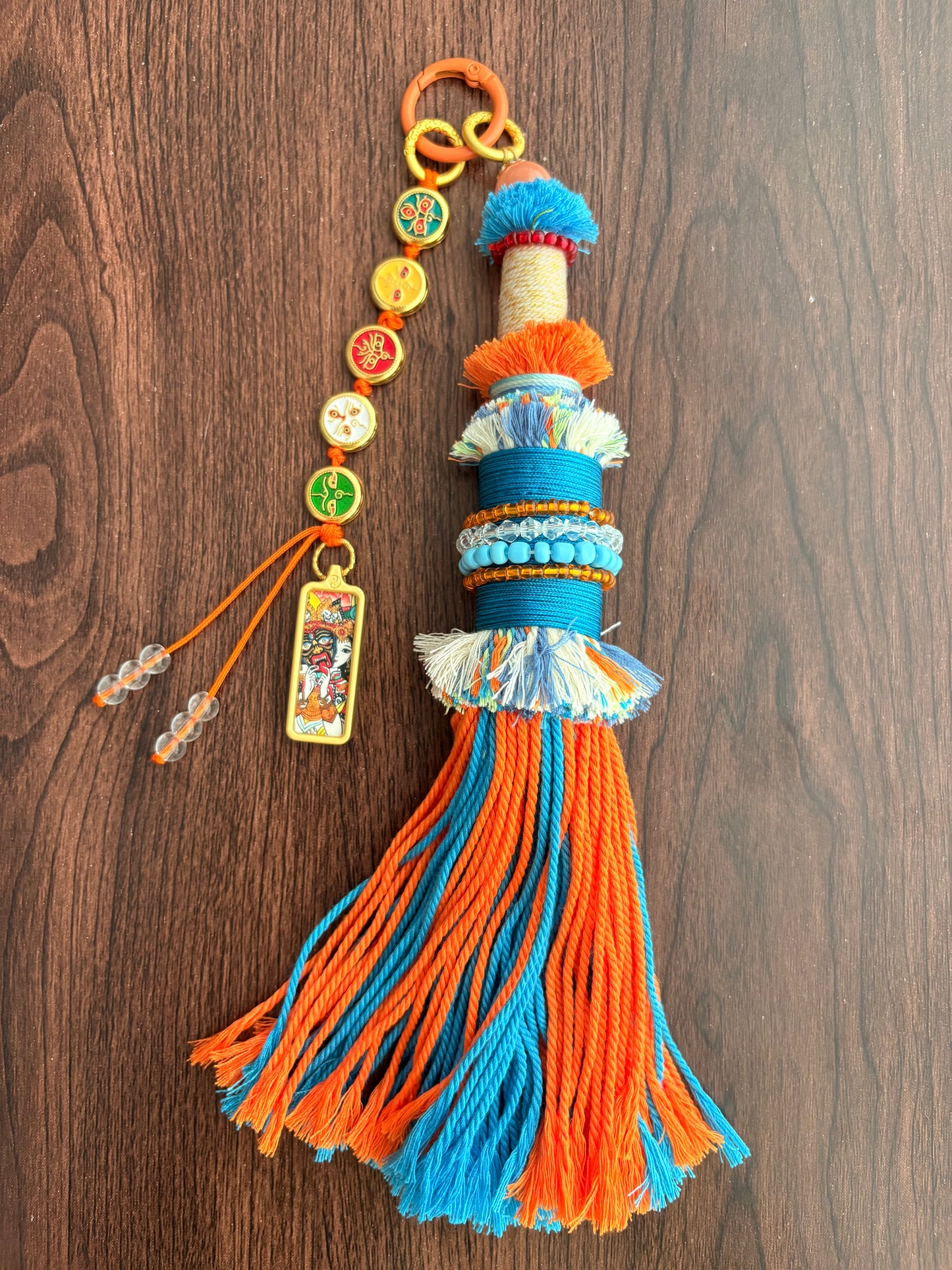 Victory Banner Charm with Zaki Lhamo Thangka Tassel in Tibetan Blue and Orange