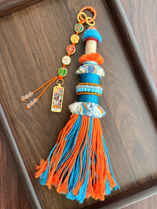 Victory Banner Charm with Zaki Lhamo Thangka Tassel in Tibetan Blue and Orange