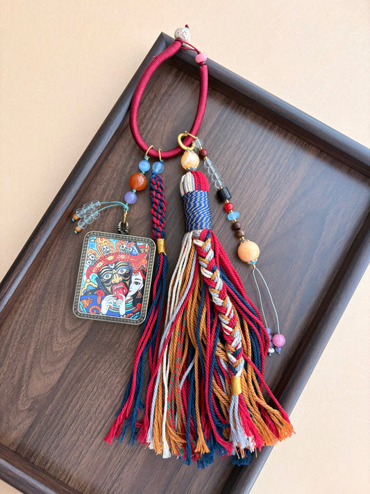 Zaki Lhamo Thangka Charm with Jade Tassel in Tibetan Red