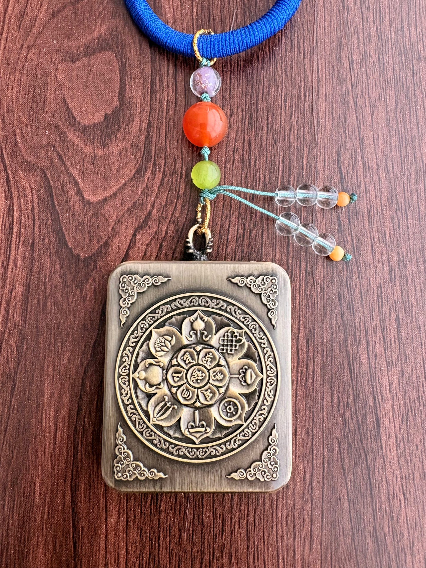 Zaki Lhamo Thangka Charm with Three-Eyed Dzi Bead Tassel in Deep Tibetan Blue