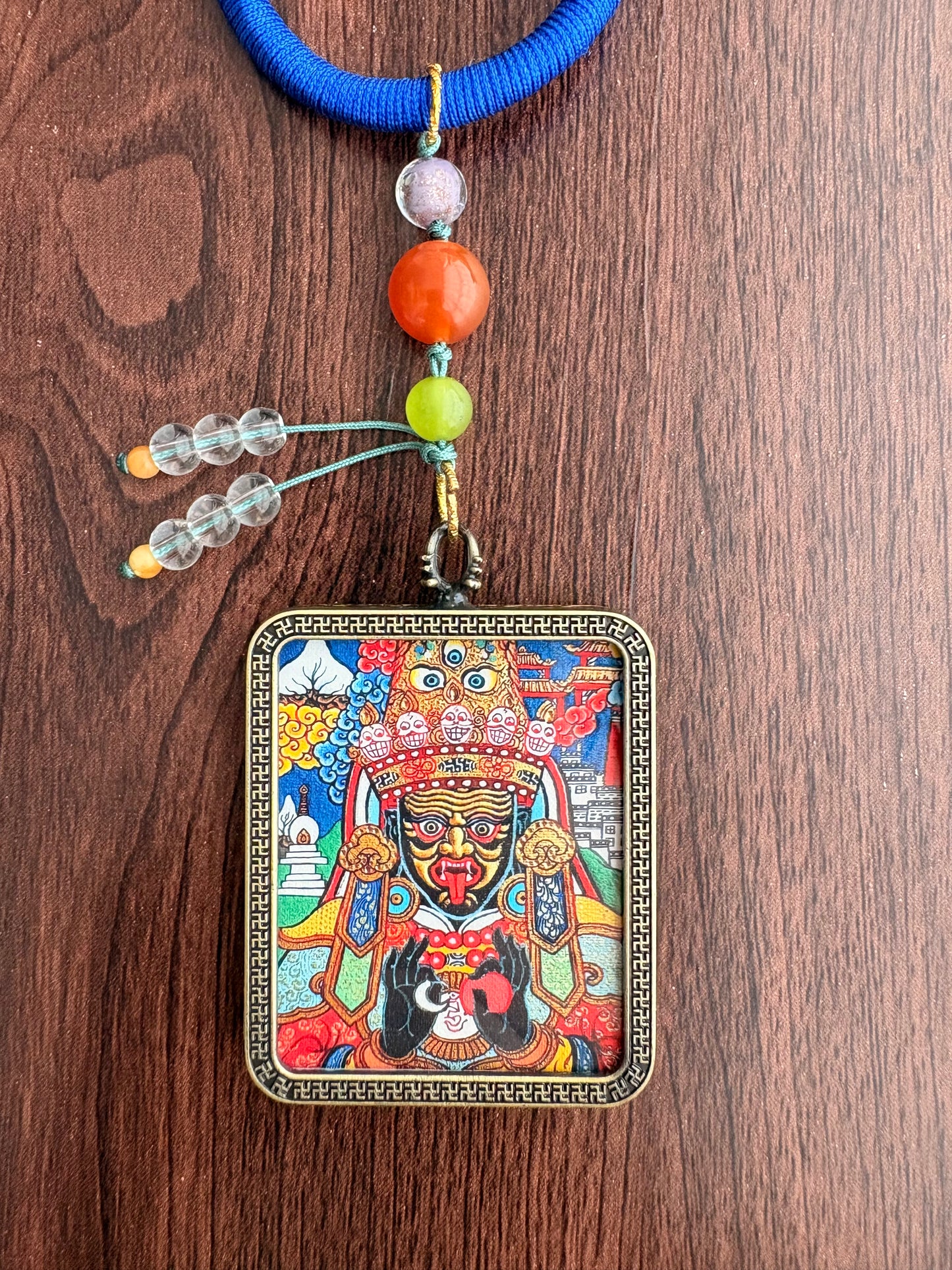 Zaki Lhamo Thangka Charm with Three-Eyed Dzi Bead Tassel in Deep Tibetan Blue