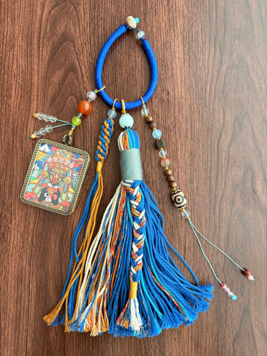 Zaki Lhamo Thangka Charm with Three-Eyed Dzi Bead Tassel in Deep Tibetan Blue